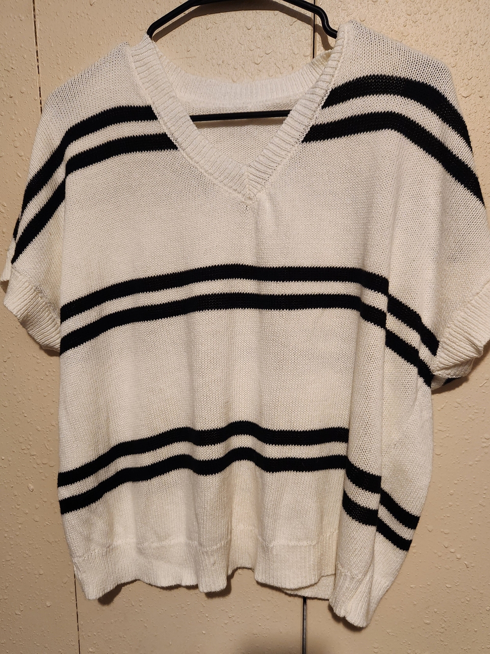 Women’s White V-Neck Short-Sleeve Sweater with Black Stripes